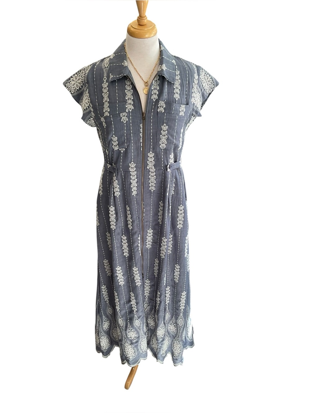 Gigio Embroidered Navy Midi Zipper Dress